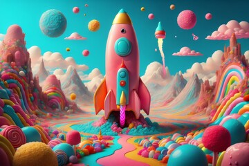 Rocket on candy planet - obrazy, fototapety, plakaty