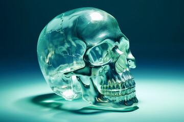 Transparent human skull made out of glass on green background