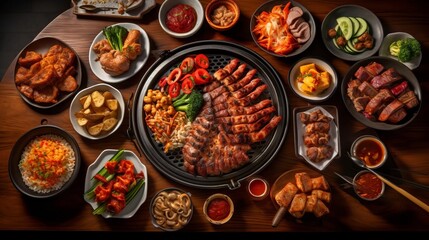 A Korean BBQ Feast with Grilled Meat