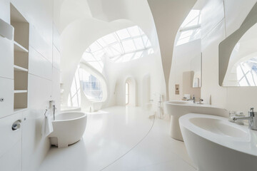 Organic bathroom All-white color palette. Centered perspective. Interior Design