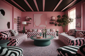 Minimalist Living room. Pink color palette. Centered perspective. Interior Design