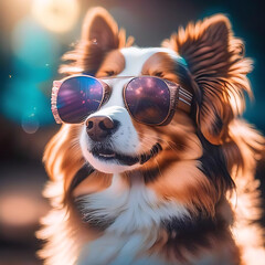 The pretty dog in scarf with glasses closeup.Generative AI.