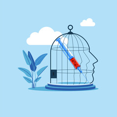 Needles and syringe inside human head birdcage. International Day against Drug Abuse and Illicit Trafficking. Observed on 26th JUNE. Flat vector illustration