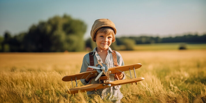 Little boy dressed as an airplane pilot plays in the cornfield with a toy model airplane - ai generative