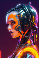 cyber women, goth neon, punk robot, android girl, frontal view portrait, Generative AI