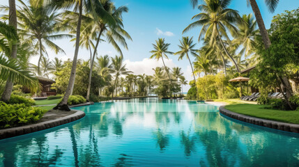 pool and coconut palm tree created with Generative AI technology	