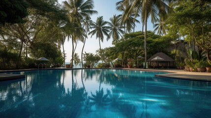 Fototapeta na wymiar pool and coconut palm tree created with Generative AI technology 