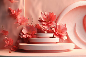 Podium decorated with flowers. Minimalistic scene for product presentation. Generative art