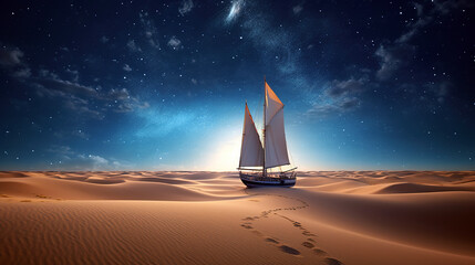 Sailing ship in the sand dunes under the stunning night starry sky. Generative art