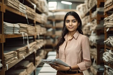 Entrepreneurial Spirit Indian Businesswoman Wearing Smart Casual Clothing Demonstrates Confidence as a Startup Entrepreneur and Small Business Owner - Generative AI
