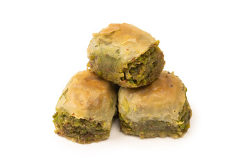 Turkish pistachio baklava isolated on white background.