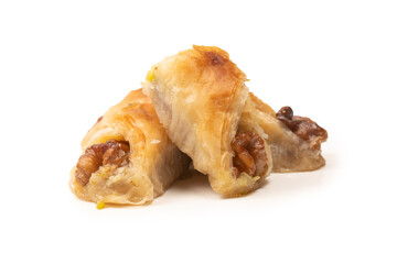 Delicious sweet baklava with walnuts isolated on white background.