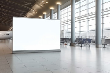 Large blank white advertising billboard inside airport, for product display and business marketing mock up
