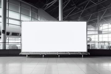 Large blank white advertising billboard inside airport, for product display and business marketing mock up