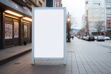 Blank white billboard advertising mock up display outside restaurant or shopping store