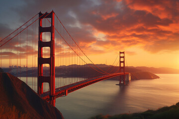 Golden gate bridge in San Fransisco, California, sunset landscape photography - obrazy, fototapety, plakaty