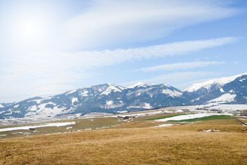 View from Nicovo to West tatras near Liptovsky Mikulas in the winter and Krivan. Slovakia, Liptov region.