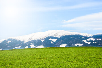 View from Nicovo to West tatras near Liptovsky Mikulas in the winter and Krivan. Slovakia, Liptov region.