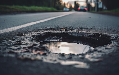 pothole on the road created with Generative AI technology - obrazy, fototapety, plakaty