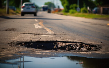 Fototapeta premium pothole on the road created with Generative AI technology