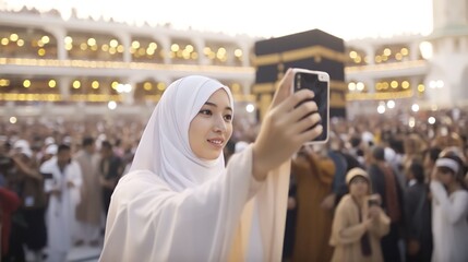 Muslim woman taking photo with phone camera showing view of kaaba in Mecca and bustling Muslim people, Generative AI