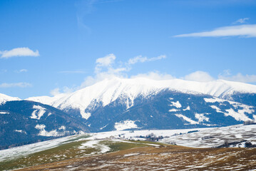 View from Nicovo to West tatras near Liptovsky Mikulas in the winter and Krivan. Slovakia, Liptov region.