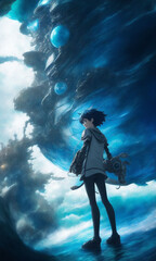 Obraz premium Manga Anime Boy Or Girl With Cyborg Weapon Arms Standing In Water With Crashing Waves and A Large Swirling Planet Above With A Sci-Fi Fantasy City Connecting To It Digital Art 