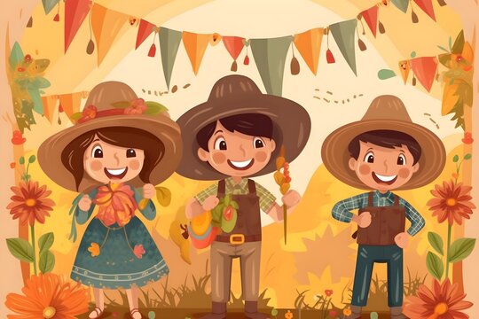 Wallpaper Illustration and background of children wearing typical clothes of Festa Junina, Brazilian June party. Front View. Concept of Festa Junina party, Sao Joao party. Generative AI.
