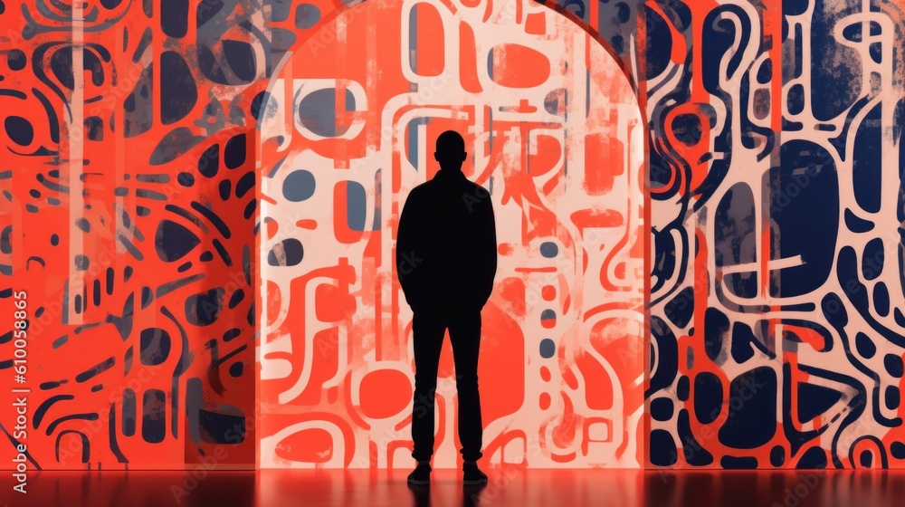 Poster a silhouette of a man standing in front of a colorful wall. generative ai image.