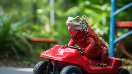 red iguana driving gocart created with Generative AI technology - obrazy, fototapety, plakaty