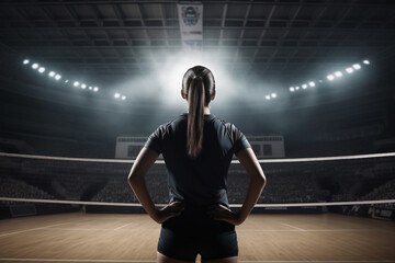 Volleyball player standing inside stadium before competition match