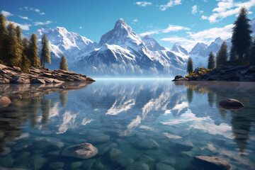 Naklejka premium Mountains Nature Paradise Embarking on an Epic Summer Adventure of Hiking, Camping, Wildlife Spotting, and Serene Alpine Landscapes The Swiss Alps, Rocky Mountain, Dolomites, Himalayas, Generative AI