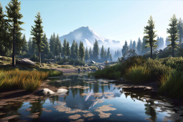 Naklejka premium Mountains Nature Paradise Embarking on an Epic Summer Adventure of Hiking, Camping, Wildlife Spotting, and Serene Alpine Landscapes The Swiss Alps, Rocky Mountain, Dolomites, Himalayas, Generative AI