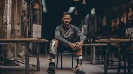 Obraz na płótnie Canvas A man sitting on a chair with a pair of knee braces. Generative AI image.
