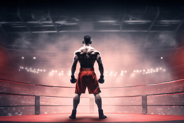 Boxer or MMA figher standing inside boxing ring in stadium, ready to fight and compete - obrazy, fototapety, plakaty