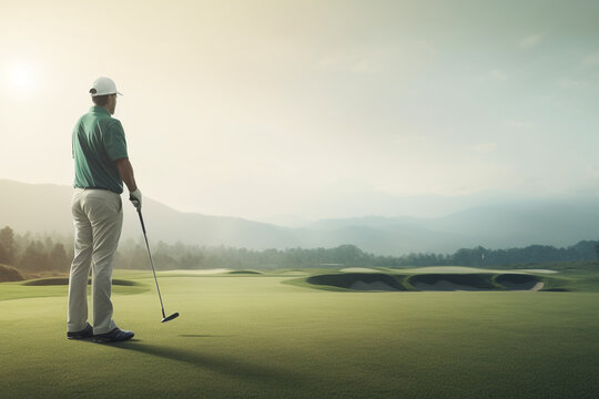 Golf player standing ready on golf course in early morning, wallpaper background banner style