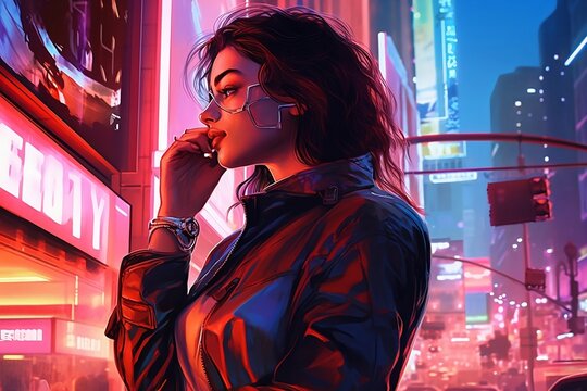 Neon City Dusk: Futurist Scene with Woman Interacting with Holographic Smartwatch Amidst Bustling Urban Streetscape