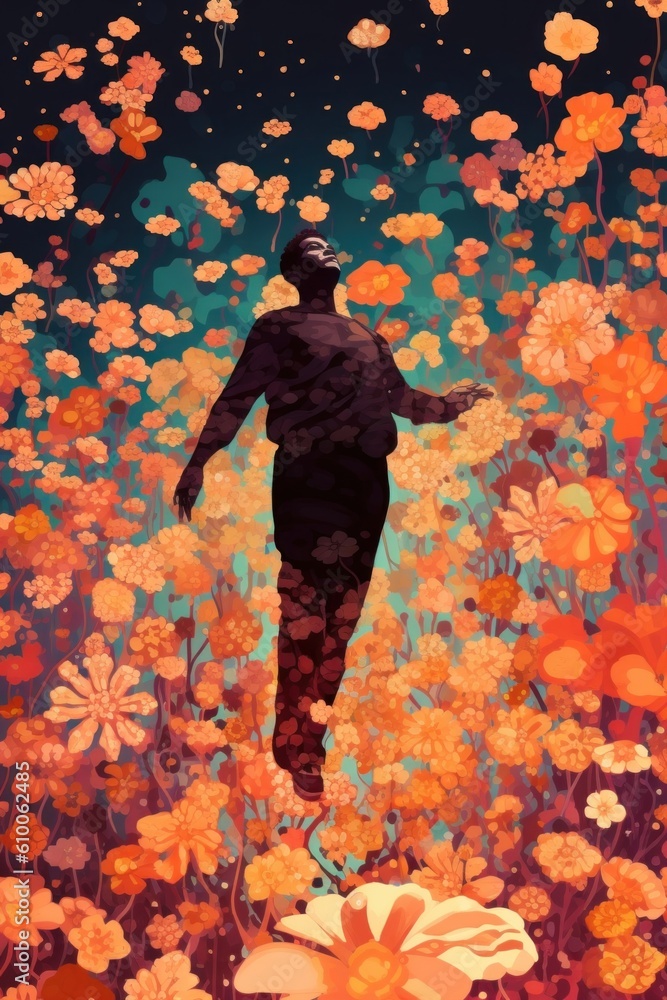 Poster a man walking through a field of flowers. generative ai image.