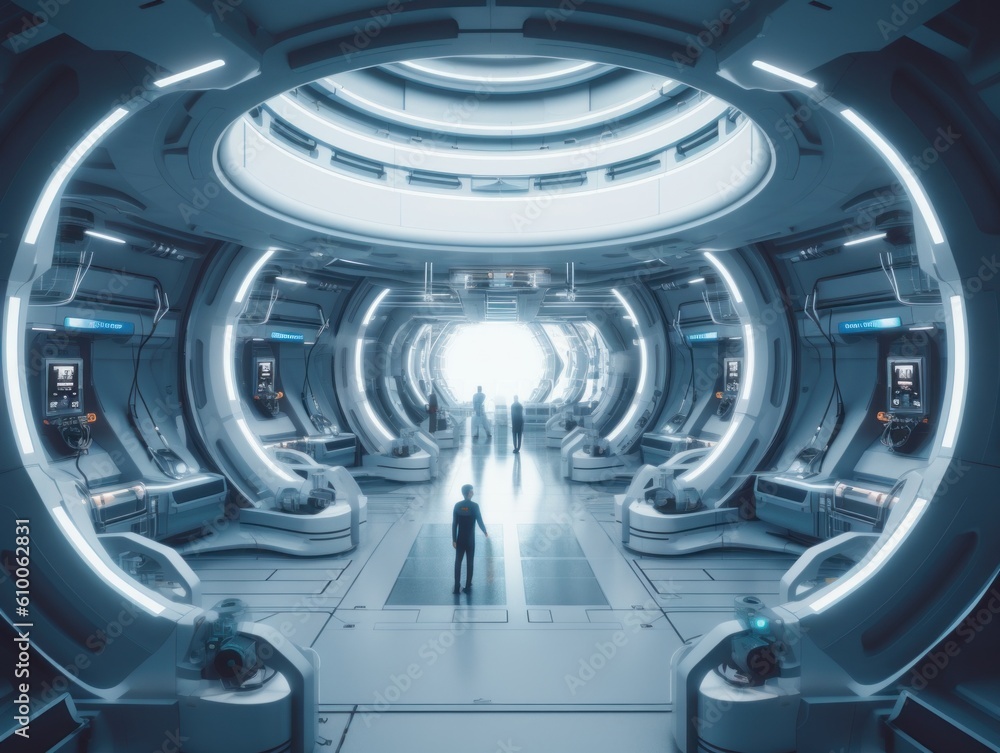 Poster a man standing inside of a futuristic space station. generative ai image.