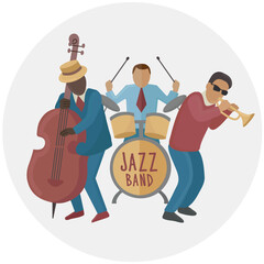 Vector illustration clipart with a group consisting of multicultural musicians of different nationalities playing music in the style of jazz