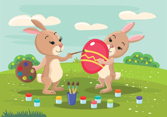 Obraz na płótnie Canvas Vector cartoon illustration with cute rabbits bunnies coloring Easter eggs on the lawn with young spring greenery