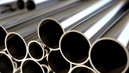 Impeccable stainless steel industrial collection, bars, pipes, rolls. Generative IA