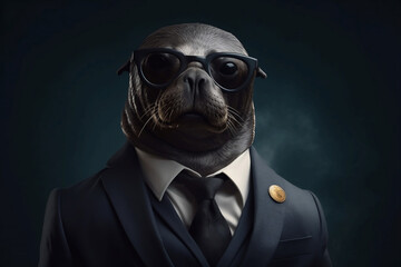 Portrait of a Seal dressed in a formal business suit, generative AI