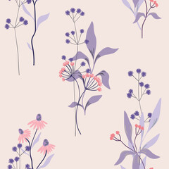 Seamless floral pattern, gentle flower print for various surfaces. Delicate botanical design of hand drawn wild plants: flowers, branches, leaves in bunches on a light background. Vector illustration.