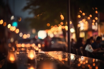 Leisure, travel, vacation concept. Bokeh background of street bar or restaurant outdoor. People sitting and chill, hang out, taking dinner and listen music. Blurred bokeh background. Generative AI