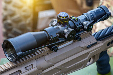Optical sight on a sniper gun. War in Ukraine.