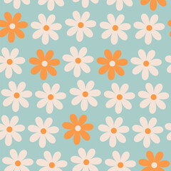 Fototapeta na wymiar Floral pattern in the style of the 70s with groovy daisy flowers. Retro floral naive vector design. Style of the 60s, 70s, 80s