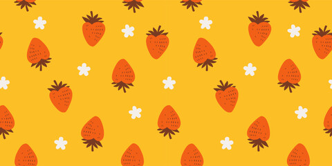 Groovy hippie 70s seamless pattern with strawberries. Funny cartoon elements etc. Vector cards in trendy retro psychedelic cartoon style. Vector backgrounds. Stay groovy. Good vibes.