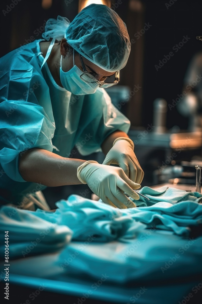 Poster a person in a surgical gown is operating a machine. generative ai image.
