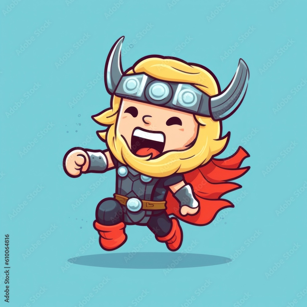 Aufkleber a cartoon thor running with a cape on. generative ai image.